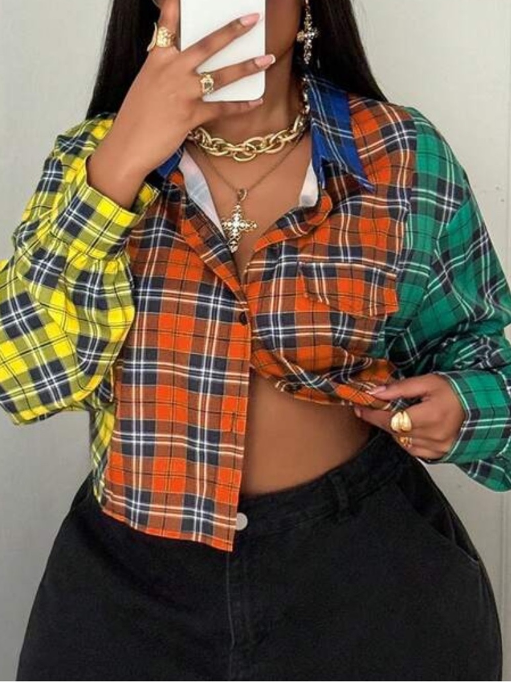 Plaid Colorblock Cropped Button-Down Shirt - Multicolor